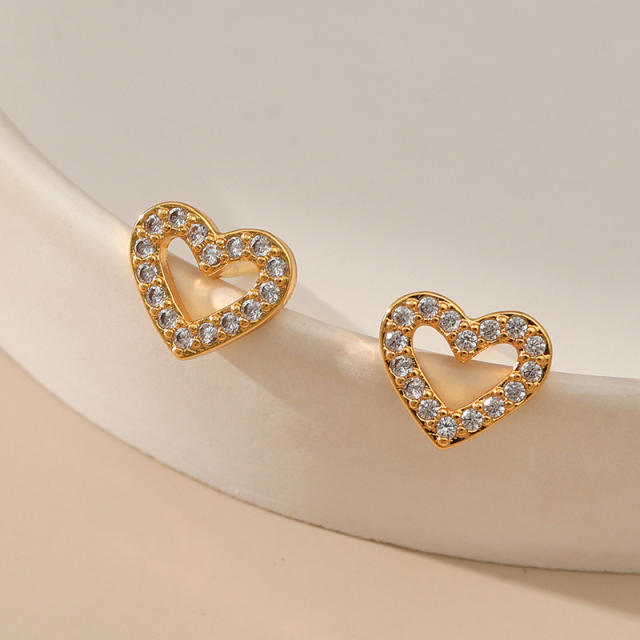 18K gold plated diamond heart moon flower copper studs earrings