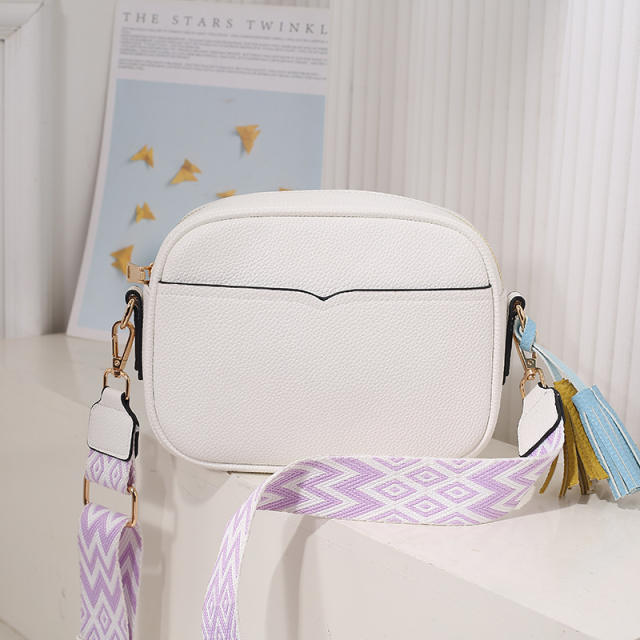 Casual colorful tassel zipper PU leather wide strap crossbody bag