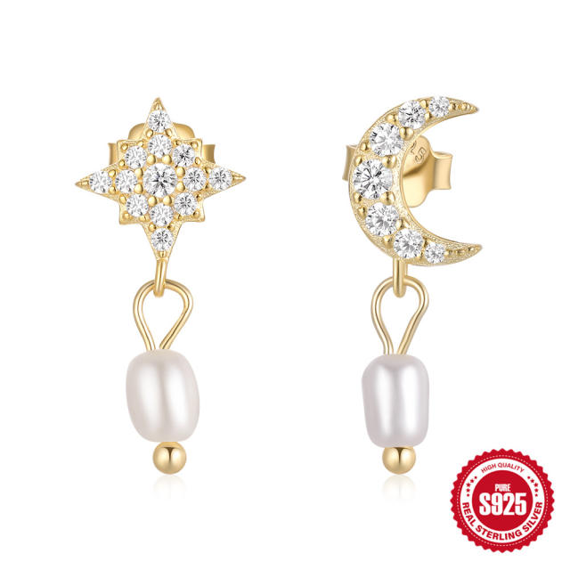 925 sterling silver pearl drop moon star Asymmetric earrings