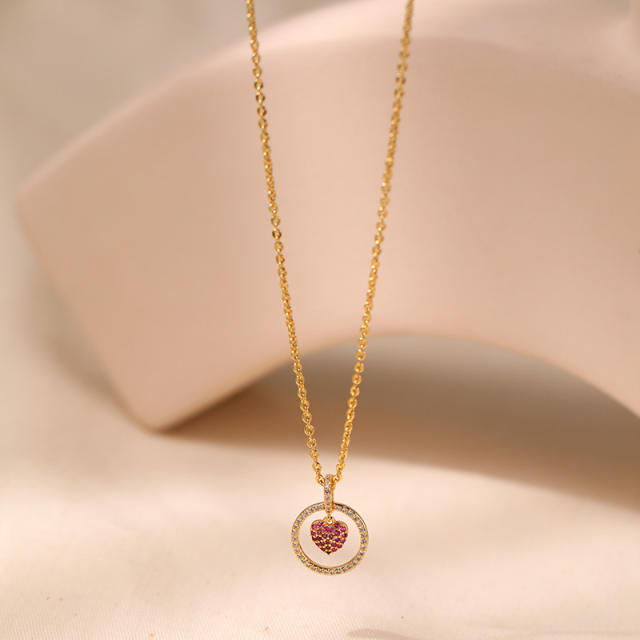 Delicate rose red cubic zircon heart circle pendant copper necklace