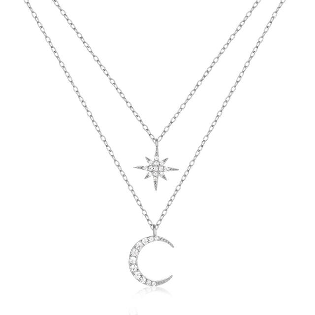 925 sterling silver two layer diamond moon star dainty necklace