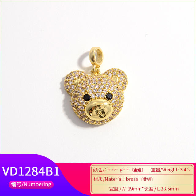 Cute pave setting cubic zircon cute teddy bear head copper pendant diy jewelry