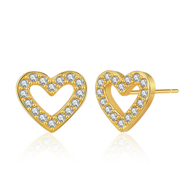 18K gold plated diamond heart moon flower copper studs earrings