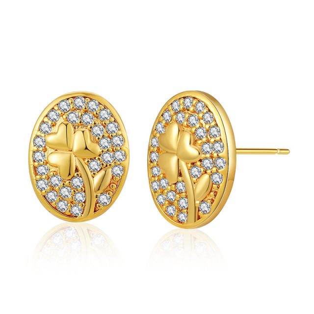 18K gold plated diamond heart moon flower copper studs earrings