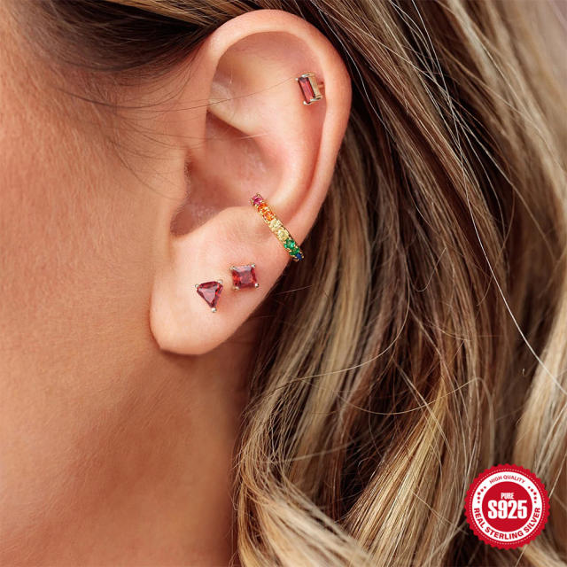 925 sterling silver ruby cubic zircon geometric shape studs earrings set cartilage earrings