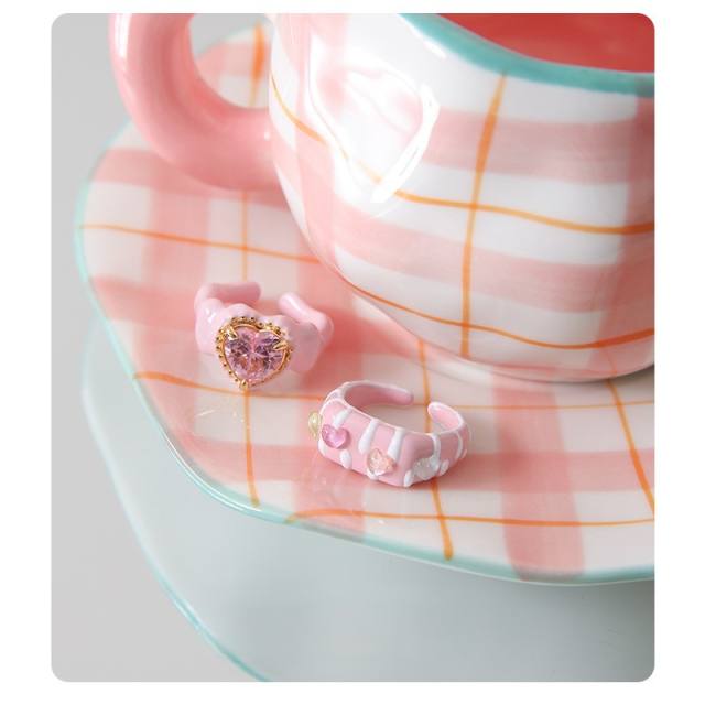 Y2K pink color enamel sweet cake copper rings