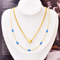 Vintage enamel blue eye evil eye two layer stainless steel necklace