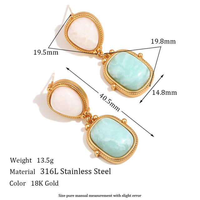 18K natural crystal stone statement stainless steel earrings