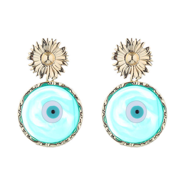 Boho colorful resin round shape evil eye alloy earrings