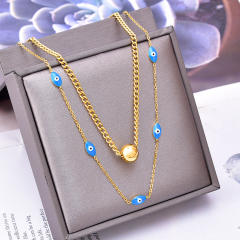 Vintage enamel blue eye evil eye two layer stainless steel necklace