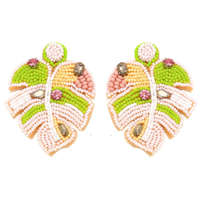 Creative fresh color seed bead palma leaf earrings