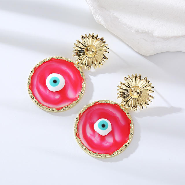 Boho colorful resin round shape evil eye alloy earrings
