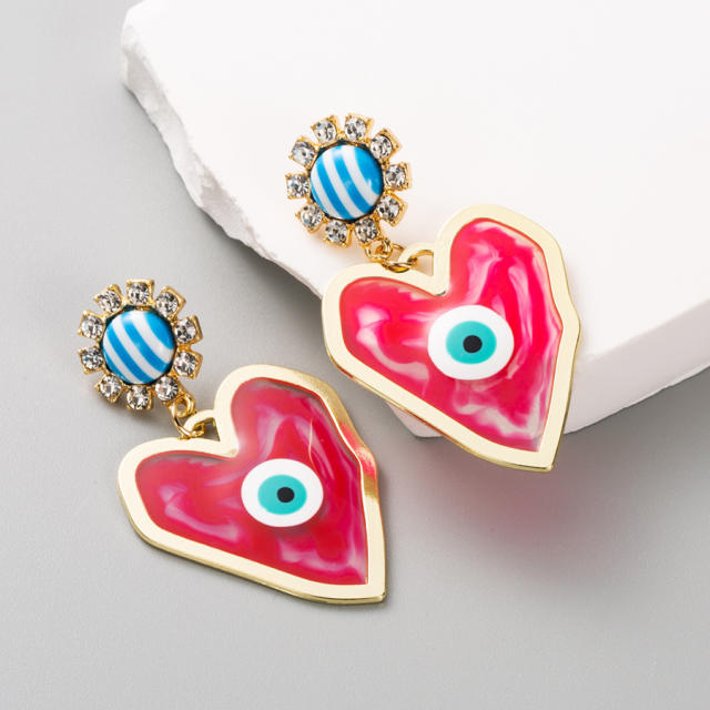 Chunky heart colorful evil eye alloy earrings