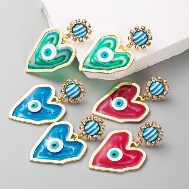 Chunky heart colorful evil eye alloy earrings