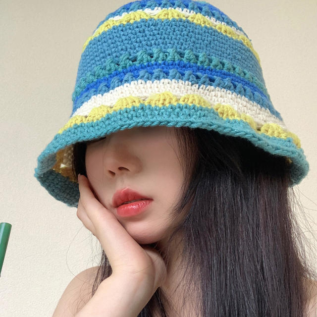 Korean fashion blue color corchet bucket hat