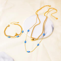 Vintage enamel blue eye evil eye two layer stainless steel necklace