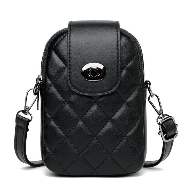 Classic black color quilted pattern PU leather small phone bag