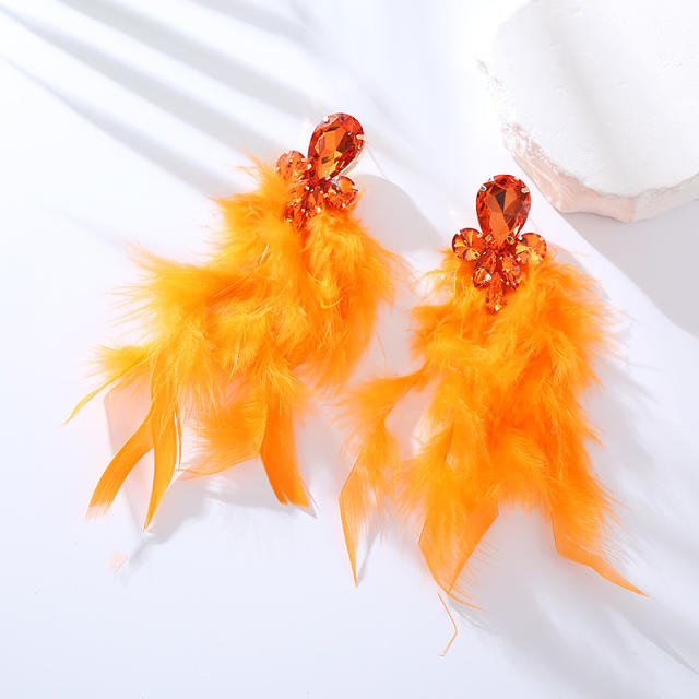 Luxury colorful feather glass crystal statement earrings
