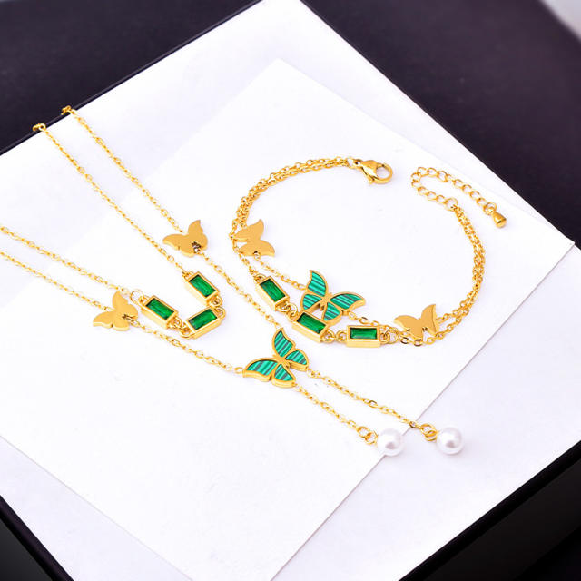 Delicate green color butterfly stainless steel necklace earrings set