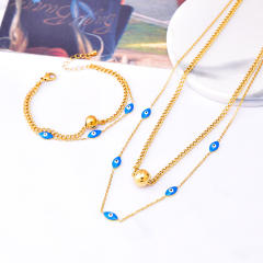 Vintage enamel blue eye evil eye two layer stainless steel necklace