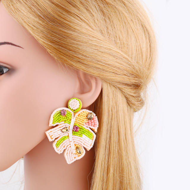 Creative fresh color seed bead palma leaf earrings