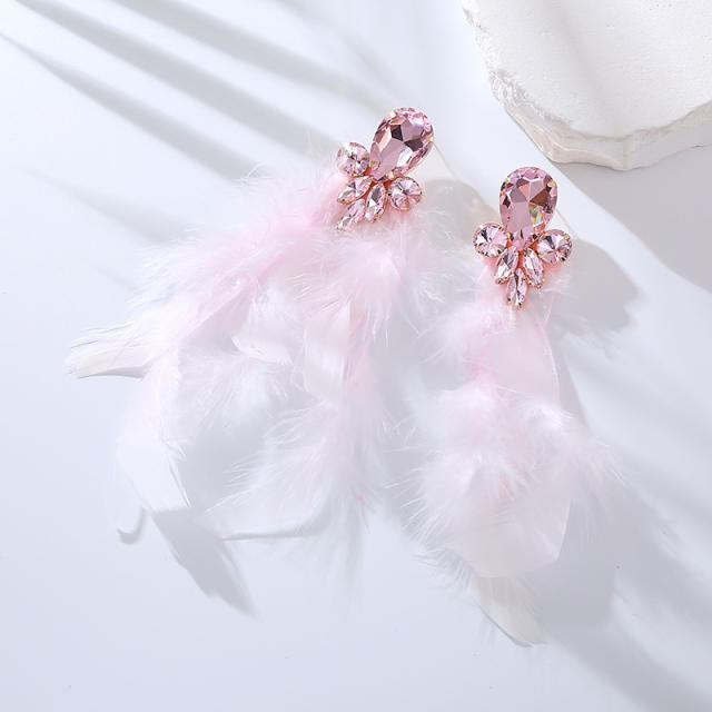 Luxury colorful feather glass crystal statement earrings