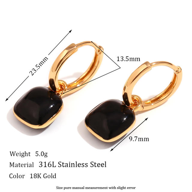 18K gold plated enamel square black stainless steel huggie earrings