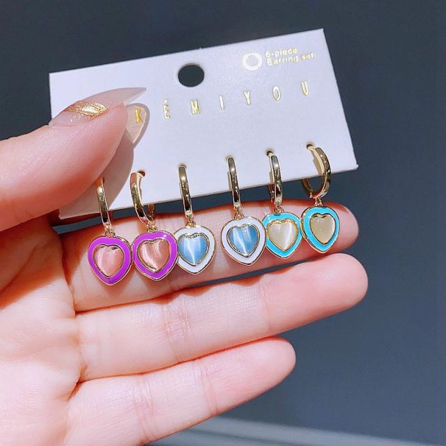 6pcs colorful opal stone heart copper earrings set