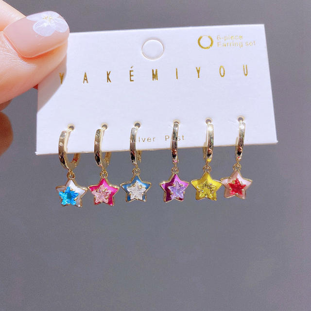 6pcs color enamel star cubic zircon copper huggie earrings set