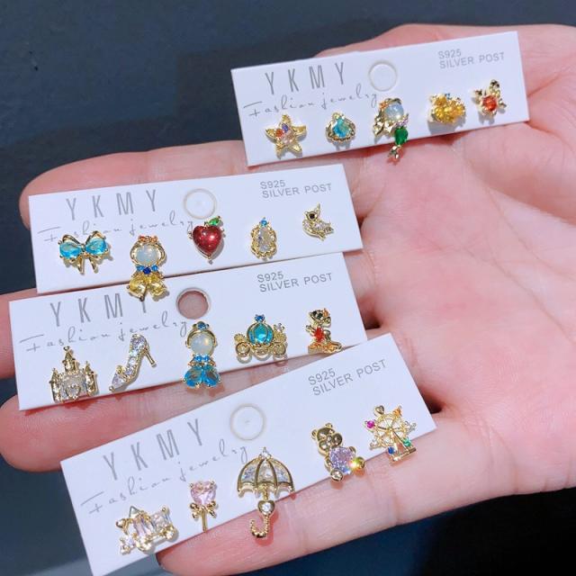 5pair cute Fairy tale princess series copper studs earrings set
