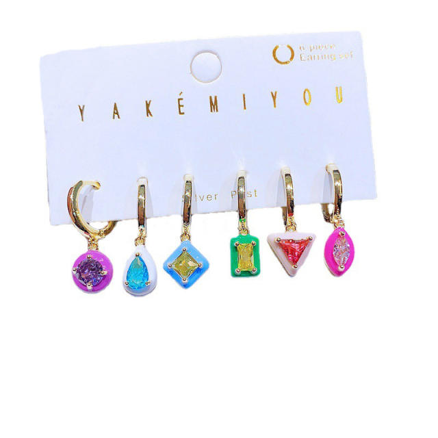 6pair color enamel geometric shape copper huggie earrings set