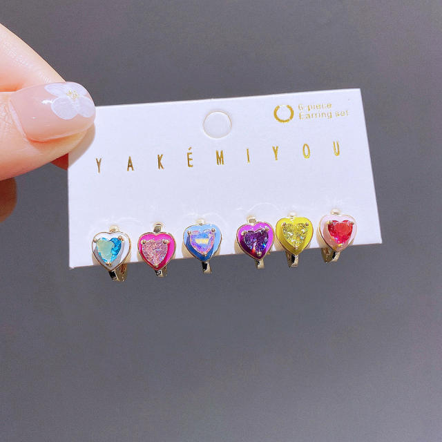 6pcs Colorful heart enamel copper huggie earring set