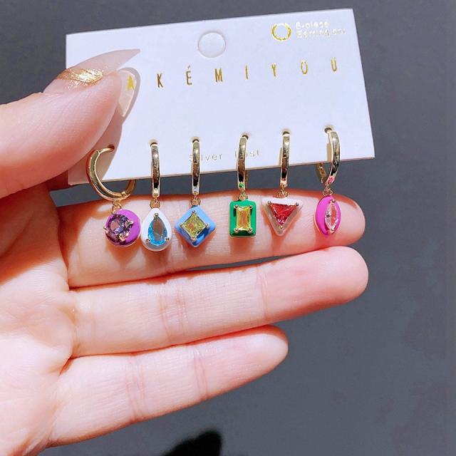 6pair color enamel geometric shape copper huggie earrings set