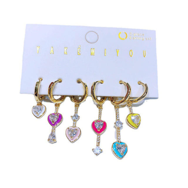 Sweet color enamel heart cubic zircon huggie earrings set