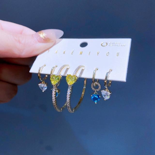 Delicate colorful heart cubic zircon diamond earrings set