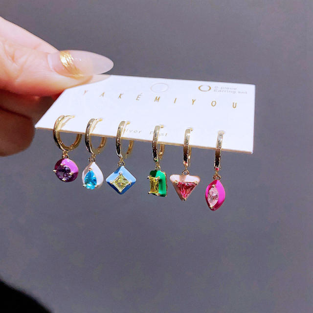 6pair color enamel geometric shape copper huggie earrings set