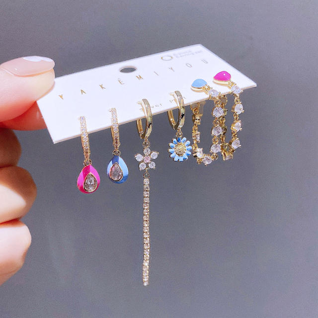 Delicate color enamel cubic zircon huggie earring set