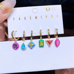6pair color enamel geometric shape copper huggie earrings set