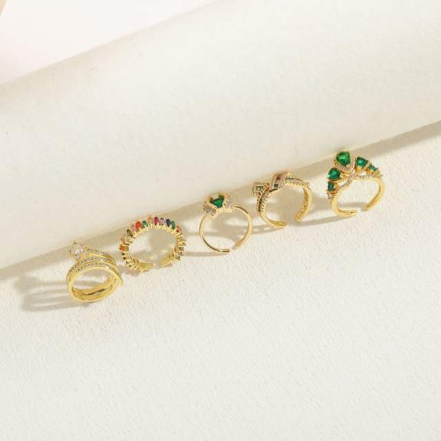 14K real gold plated emerald rainbow cz copper openning rings