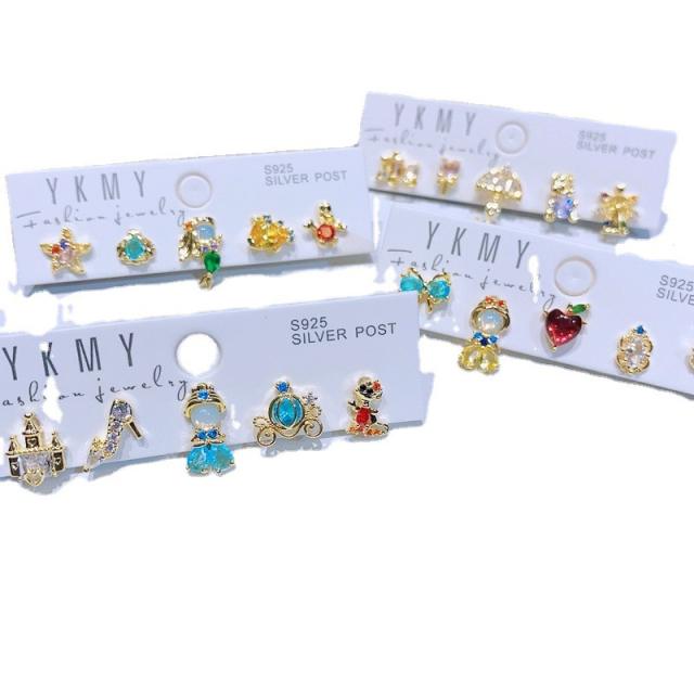 5pair cute Fairy tale princess series copper studs earrings set