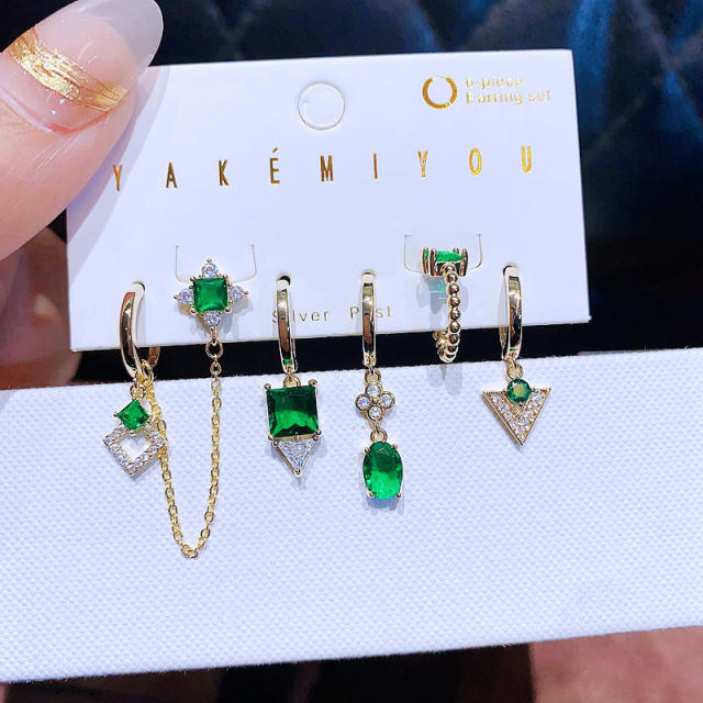 Delicate emerald statement 5pcs copper huggie earring set