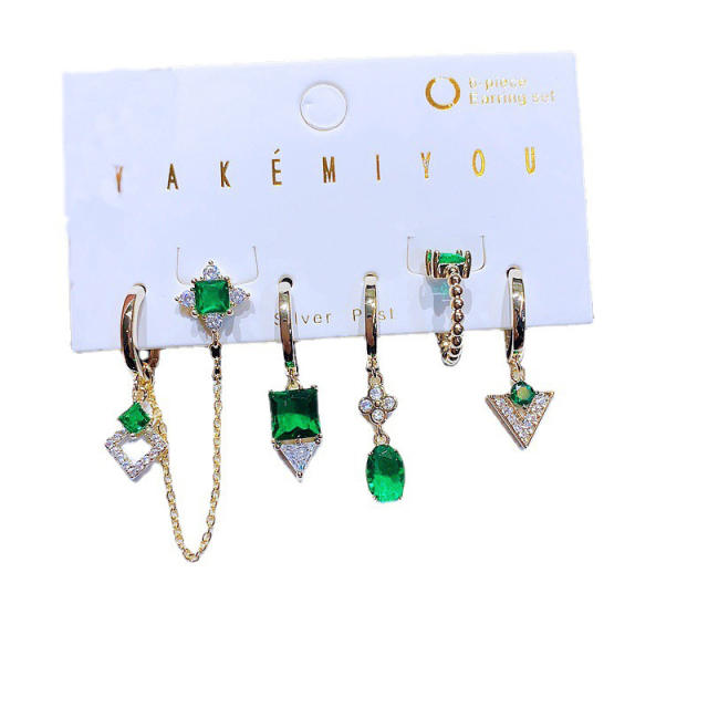 Delicate emerald statement 5pcs copper huggie earring set