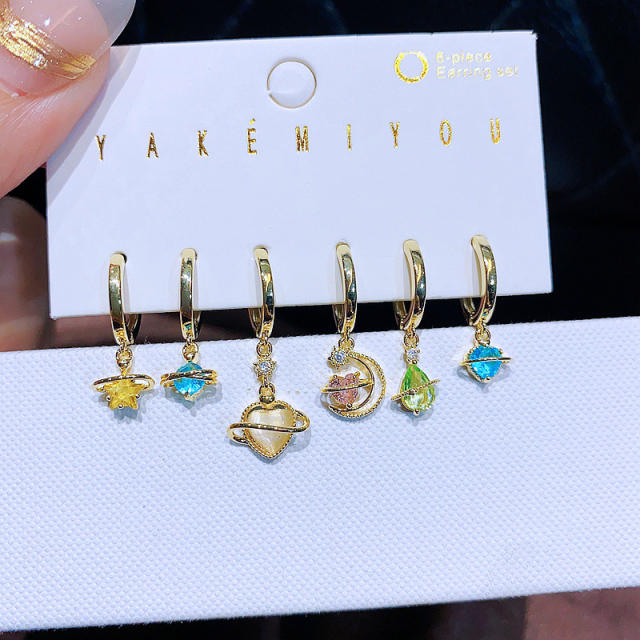 6pcs color cubic zircon star moon planet copper huggie earrings set