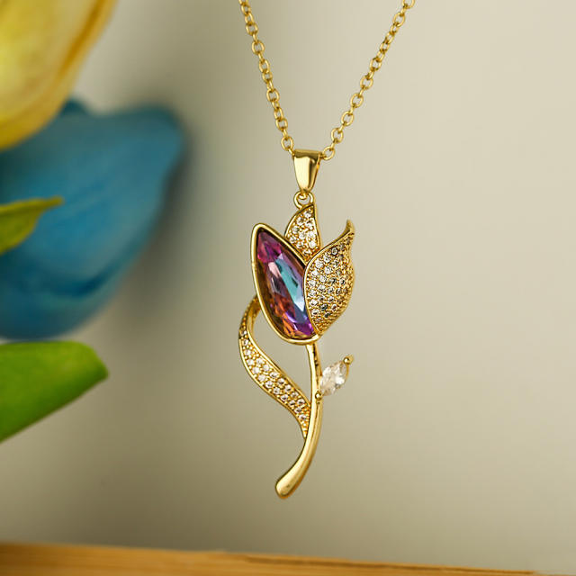 Dainty diamond rose flower pendant copper necklace