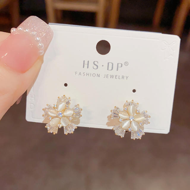 Delicate opal stone diamond flower daisy copper ear cuff clip on earrings