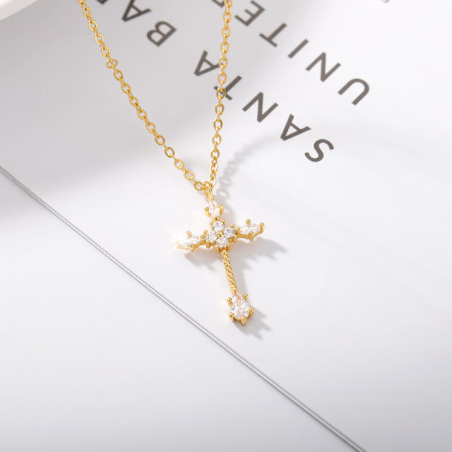 Classic zircon diamond cross stainless steel chain necklace