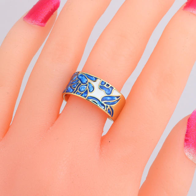 Color enamel butterfly flower copper finger ring