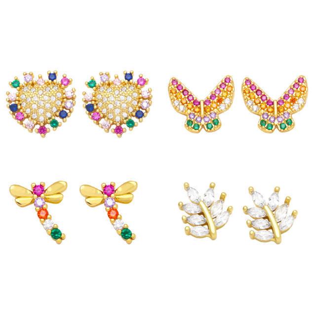 Gold plated color cubic zircon butterfly leaves ear studs