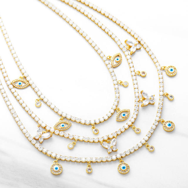 Evil eye butterfly charm tennis chain necklace