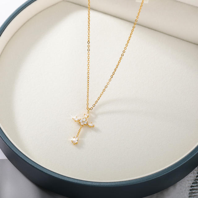 Classic zircon diamond cross stainless steel chain necklace